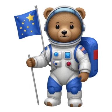 Brown bear in space suit, holding blue rectangle flag sticker