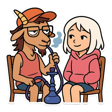 goat for Telegram stickers inspired by reference https://attic.sh/feoducyurkpqwz0la088soao98sx: wearing a cap, glasses, mullet hairstyle, pink drunkard tank top, sitting on a chair, smoking hooka with a girl. girl with white hair and pink hoodie https://i.ytimg.com/vi/x9PRt8xgy7Y/hqdefault.jpg . transparent background  sticker