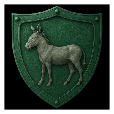Transform the shield to an emerald color and replace the golden bird with a detailed donkey in a similar heraldic pose, keeping the ornate style and metallic look. The style should maintain the ornate and metallic heraldic appearance as in the original image. sticker
