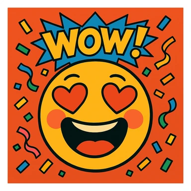 Add confetti and a comic-style 'WOW!' text to the vibrant toon face with heart eyes, eyes closed, big open-mouthed laugh, blushing. sticker