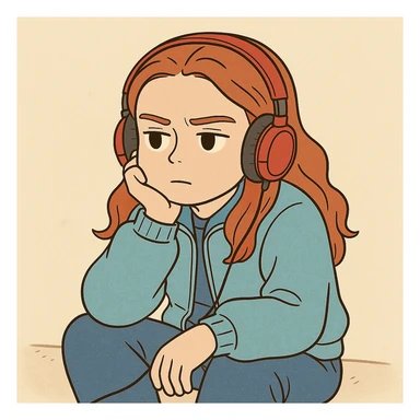 Max Mayfield from Stranger Things with iconic look: sitting listening to music with red headphones, blue jacket, pensive expression, simple line art, light pastel tones, thick outlines, Ghibli style, square 1:1 format. sticker