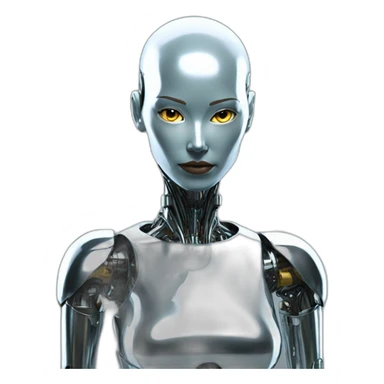 Create a bald female robot in chrome metal color in a futuristic environment sticker