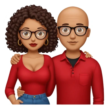A picture of a sexy tanned couple. the guy is Mexican, with a bald hair cut and a red shirt. the girl is mixed, she has curly longer dark brown hair, the girl has glasses only, and with big boobs and black shirt  sticker