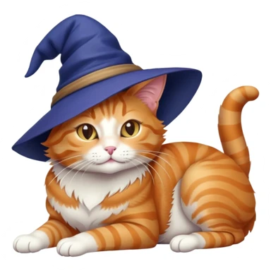full body ginger tabby cat flopped over on her side wearing an indigo witch hat sticker