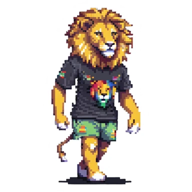 retro 1950s anthropomorphised lion in a t-shirt and shorts, walking sticker