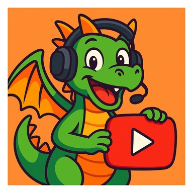 cartoon dragon holding a play button symbol, wearing a headset, cheerful expression, representing a YouTuber persona, vibrant toon style sticker