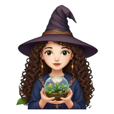 A long curly haired brunette girl with a moon, witch hat, holding a plant terrarium sticker