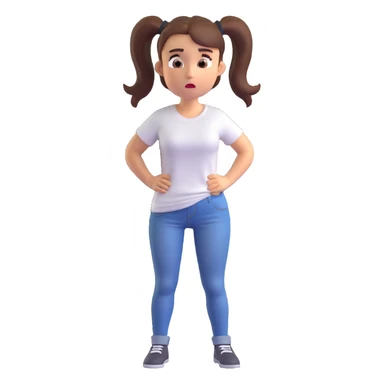 cute 3D mini woman with ponytail hairstyle, wearing white t-shirt and jeans, confused facial expression sticker