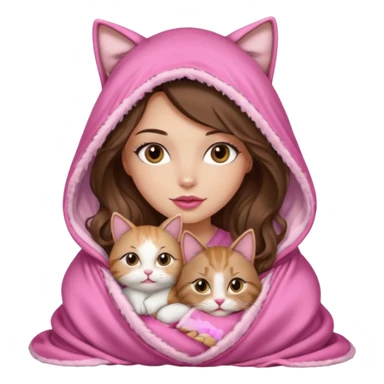 girl with long wavy brown hair, brown eyes, long lashes makeup, sexy pink lips, light to medium complexion, wearing a pink sexy silk top, big blanket over the head cozy holding a cat, no cat earn on the hood sticker