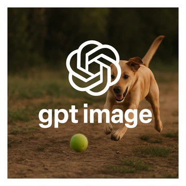  logo of chat gpt with text "gpt image" on the background of a dog chasing ball, realistic image sticker