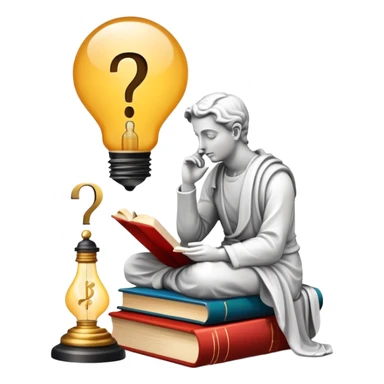 An icon featuring a thinker statue, a scroll, and a question mark, symbolizing philosophy. The design includes books, a lightbulb, and abstract symbols representing deep thought and wisdom. Transparent background highlights the study of ideas, logic, and existential questions sticker