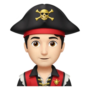 Captain Feathersword of The Wiggles with light skin, brown eyes, black hair, black pirate hat, white pirate shirt with red vest, one eye patch sticker