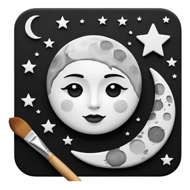 Visualize on-brand content — instantly. black white pallete preferred. brush painting on a canvas. app icon. modern, sleek, minimalistic. ai generated. make moon and star to look like a face. sticker