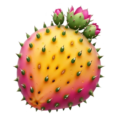 one whole prickly pear fruit with slightly oval shape, smooth skin dotted with tiny subtle spines, skin color vibrant pink to yellow-orange, halved version reveals vivid magenta or golden pulp speckled with small seeds, no cactus pads, knife, or extras, soft lighting, subtle shadows, emoji scale sticker
