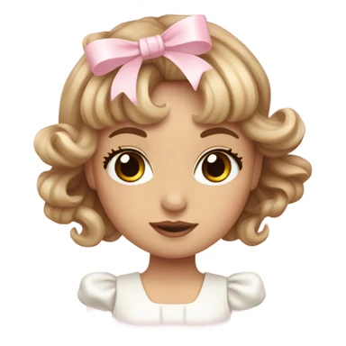 pale girl , who has wavy long length light brown and baby pink swirled hair with bangs , hazel eyes , and doll like makeup , in a withe dress and light pink bow sticker