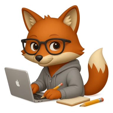 Change the pose of the fox so that it is sitting sideways to the laptop, slightly turning its head towards the screen. The fox should wear a gray hoodie and glasses, holding a pencil in one hand with a notebook nearby. The fur should be clear and detailed. The style should resemble emoji style. No background (transparent). sticker
