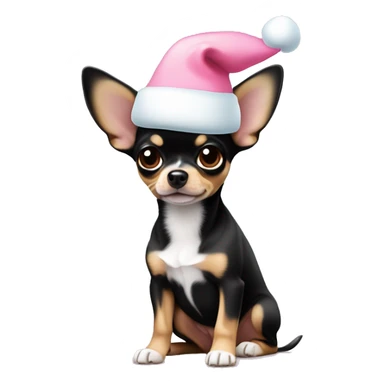 black & tan chihuahua puppy full body light blue eyes pink christmas hat on sticker