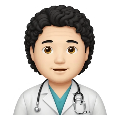 a young asian chubby male doctor with black long curly hair and cheerful face without gpasses sticker