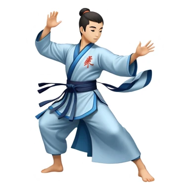 Emblem symbolizing Wushu martial arts. A graceful martial artist performs a dynamic kung fu pose, with flowing movements and a long, elegant robe. The background features stylized clouds and traditional Chinese symbols, representing fluidity, balance, and precision. Transparent background. sticker
