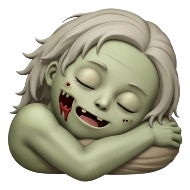 Meme-Worthy Cute Sleeping Zombie Portrait Emoji, with a delightfully quirky, slightly disheveled decaying face in soft ashen hues, head tilted back in peaceful, relaxed sleep with softly closed eyes and a tiny, endearing smile, simplified yet irresistibly charming, highly detailed with a soft eerie glowing outline that captures the gentle, unexpected cuteness of a zombie in serene repose! sticker