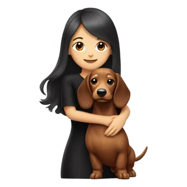 an Asian girl with long hair, wear black dress, hugging long-haired dachshund sticker