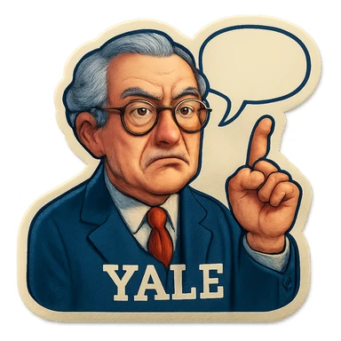Профессор Йельского университета со скептическим лицом показываем указательный палец вверх, от головы отходить bubble speech sticker