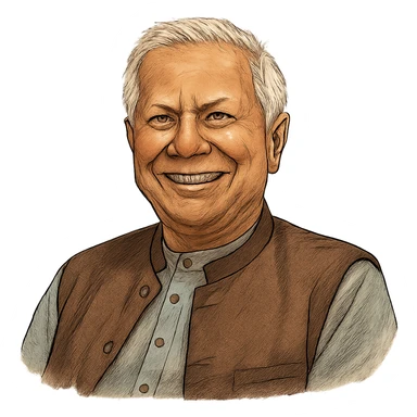 Мухамма́д Юну́с в слегка рисованном, но при это объемный стиль, прозрачный фон sticker