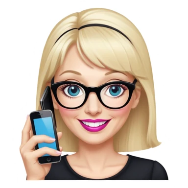 Pin up Woman in her early 50s with pale skin, wider face, blue eyes with eyeliner, thin eyebrows, long eyelashes, pink lipstick, blonde hair up with bangs, wearing black glasses. Laughing on a mobile phone  sticker