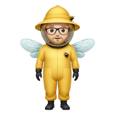 full body medium plus size male bee keeper in yellow and black with short light strawberry blonde hair and goatee wearing glasses with bee keeper hat sticker