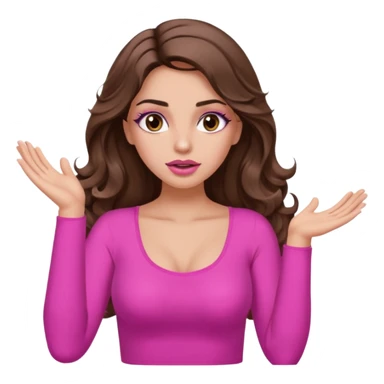 girl with long wavy brown hair, brown eyes, long lashes makeup, sexy pink lips, light to medium complexion, pink sexy top, two hands up, shrugging, confused sticker