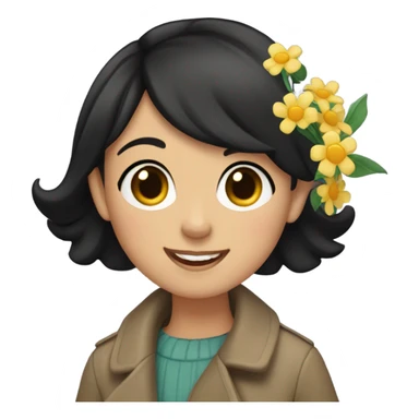 A girl with very short black hair, fair skin, and brown eyes wearing a coat and waving flowers sticker