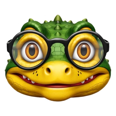 Cocodrilo con boca cerrada mirando de frente que tengan lentes negros y oscuros y sea color amarillo con fondo blanco sticker