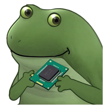 CPU computer chip in bufo frog meme style, green and playful sticker