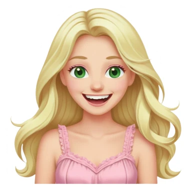 blonde with long hair and swamp eyes in a pink pastel dress, laughing sticker