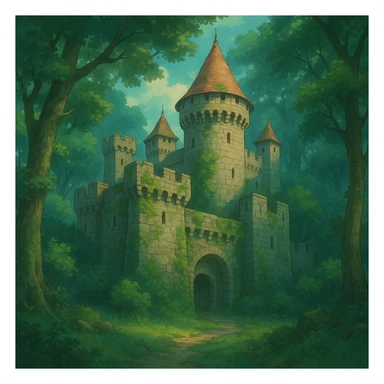 ancient stone castle surrounded by forest, magical mood, ghibli style sticker