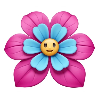 3D glossy flower emoji, vibrant magenta puffed-up petals, large soft-pink center, two pale-blue leaves, claymorphic style, high resolution, white background." sticker