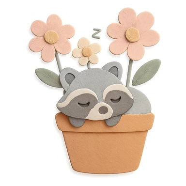 Polish the image for a cleaner, higher-quality look while keeping all design elements unchanged. Sleepy raccoon inside a flower pot with some flowers, pastel earthy and soft pastel colors, paper-craft style. sticker