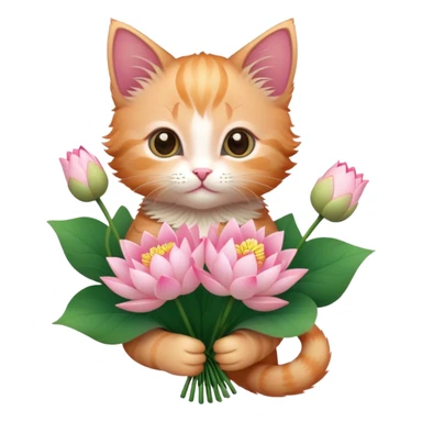 Kitten holding a bouquet of lotus flowers sticker