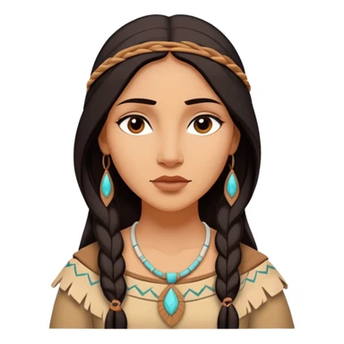 Cinematic Serene Pocahontas Portrait Emoji, rendered in a realistic, simplified vector style. Depict a gentle Pocahontas (chest and above) with warm, glowing skin, loosely flowing dark hair, and a calm, reflective expression, wearing modest traditional attire in earthy hues. The image is bathed in a soft, inviting glow with high shine and a soft glowing outline. sticker
