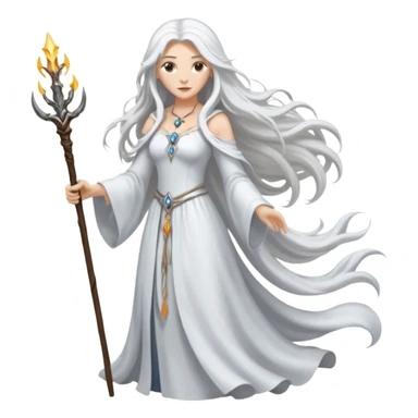 White silver Long Haired Women, Sorceress with staff — flowing white hair, calm face. sticker