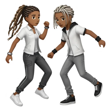 brownskin boy with dreads wearing white shirt with grey jeans and white shoes fighting darkskin girl with 8 long black french braids with brown highlights wearing black zip up and black jeans with black and white shoes. the boy is winning sticker