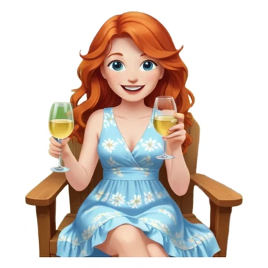 Laughing redhead with long hair and blue eyes holding white wine bottle sitting in chair beside fire pit in backyard sticker