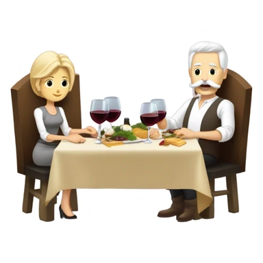 Repas raclette et deux verres de vin blanc en couple 50 ans, femme blonde cheveux aux-dessus des épaules homme petite barbe et moustache grisonnantes et cheveux bruns grisonnant  sticker
