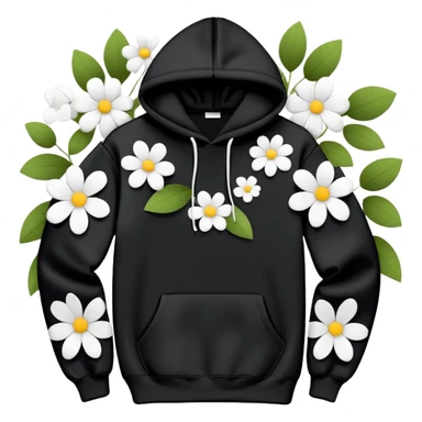 "Design a black hoodie adorned with scattered, medium-sized black and white flowers. Each flower should consist of a bold, thick white ring forming the petals, with a completely hollow center, creating an open, circular look. The flowers should have an irregular, asymmetrical shape and be evenly distributed across the hoodie, including the sleeves and hood. Keep the design minimalistic—no detailed petals, shading, or filled centers, just simple, bold, hollow ring-like floral patterns." sticker