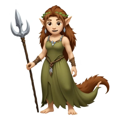 Norwegian forest mountain troll lady, Huldra, brown beautiful hair, pointy ears, long dress, long tufted tail, sharp teeth (full body) sticker