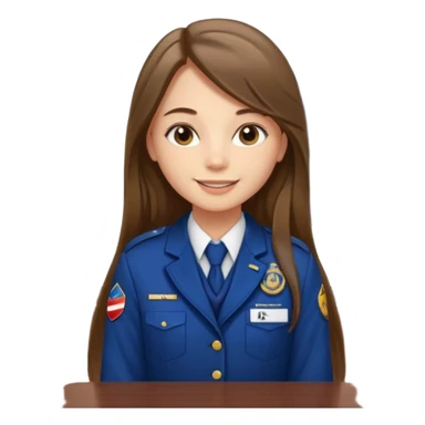 Young girl, long brown straight hair, wearing uniform jacket with hotel name badge, tasteful scarf, stand behind the desk

 sticker
