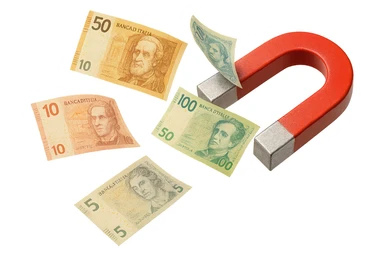 cinque banconote fluttuano in aria attratte da una calamita rossa, iperrealistica 4k, isolato su sfondo bianco sticker