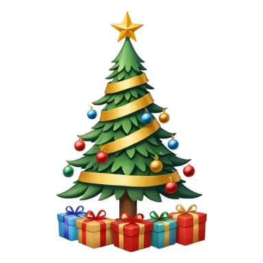 Christmas tree with decorations and ribbons, it has a star on top, at the base of the tree there are gifts. sticker