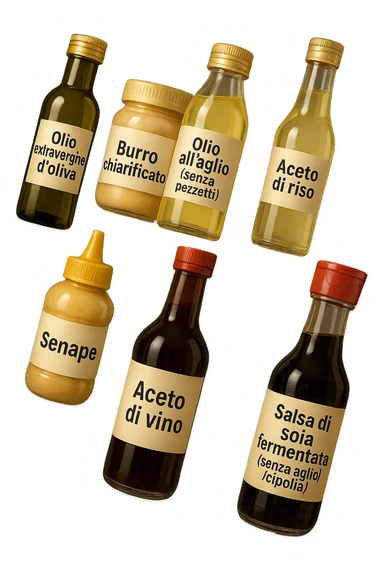 emoji stile iphone 3d di questi elementi che fluttuano in aria sparsi casualmente:

Olio extravergine d’oliva, burro chiarificato
Olio all’aglio (senza pezzetti)
Aceto di vino, aceto di riso, senape, tahin
Salsa di soia fermentata (senza aglio/cipolla)


 che fluttuano sparse casualmente in aria, le etichette dei prodotti scrivile in italiano, iperealistico 4k sticker
