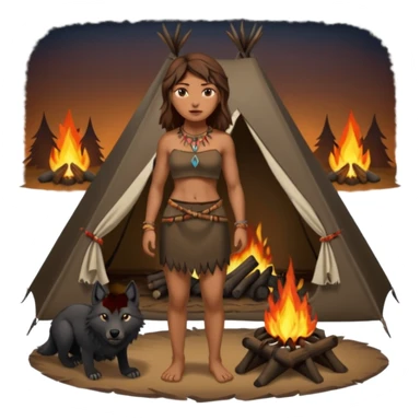 a NEANDERTHAL WOMAN WITH BROWN HAIR STANDING BY A FIRE AND TENT WITH BLACK WOLF sticker